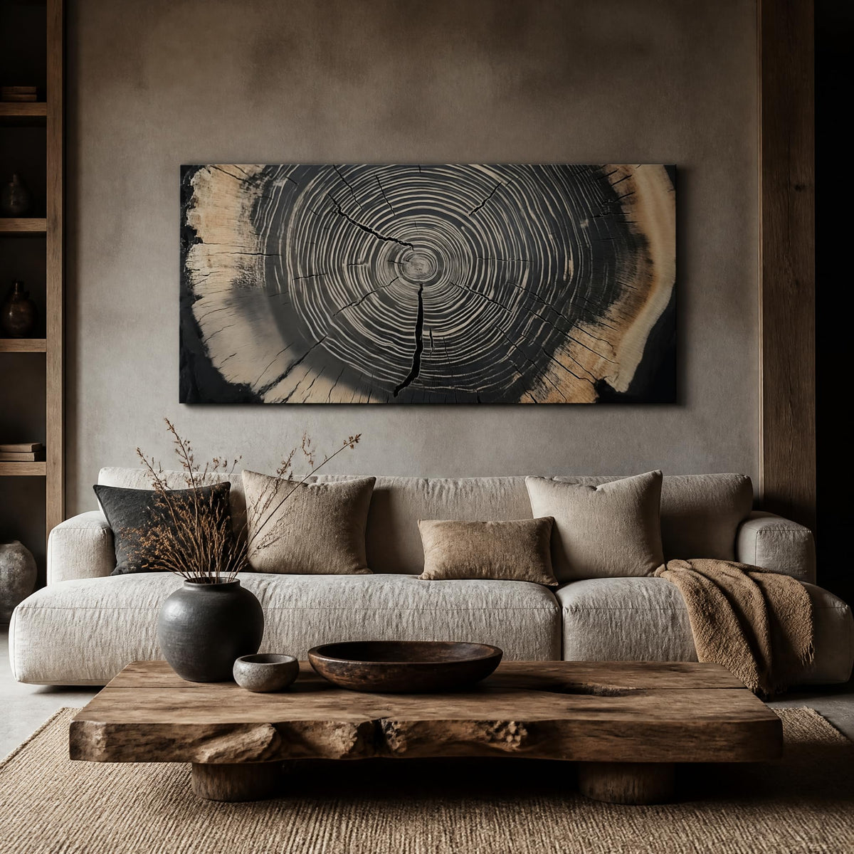 Rustic Tree Ring Canvas Wall Art Modern Wood Slice Cross Section Painting Flat Print Gallery Wrapped Nature Artwork for Living Room Bedroom Bathroom Decor (Wildlife / Black Tree Rings 37 / 40"L x 20"W)