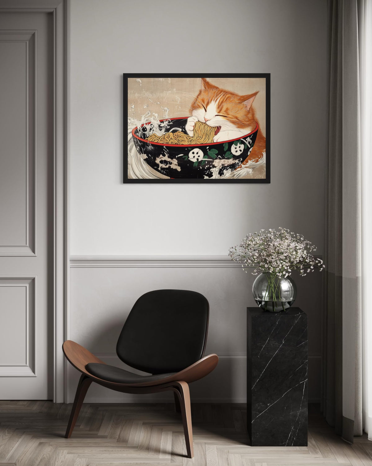 Cat Eating Ramen Framed Wall Art Print Poster (Cat Eating Ramen / 14"L x 11"W)