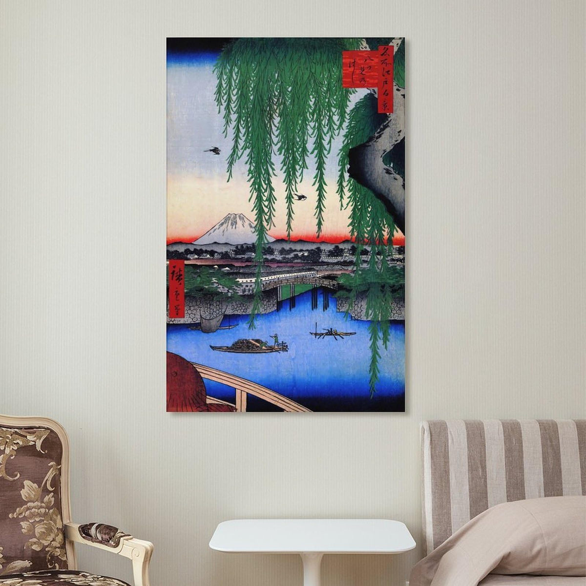 Yatsumi Bridge Ando Hiroshige Japanese Ukiyoe Canvas Printing Wall Art Prints Wall Decor Vintage River Willow Mount Fuji Landscape Posters Japandi for Living Room Bedroom Office 16x24inch (style-2 / 16x24inch(40x60cm) Unframe)
