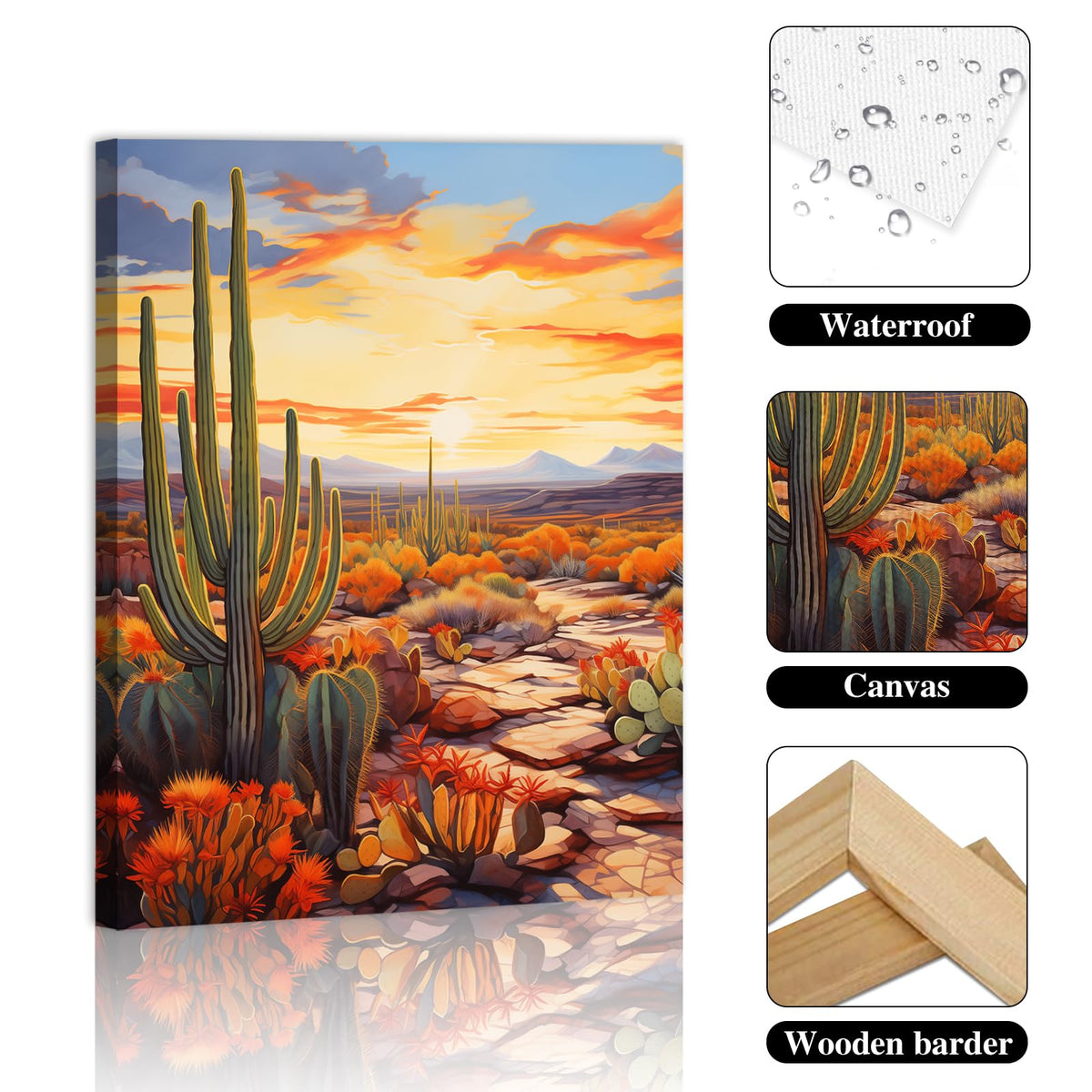 Cacti Canvas Wall Art Desert Decor Print Nursery Pictures Home Decor for Living Room Bedroom Wood Framed 12x16 Inches (16"L x 12"W / Desert)