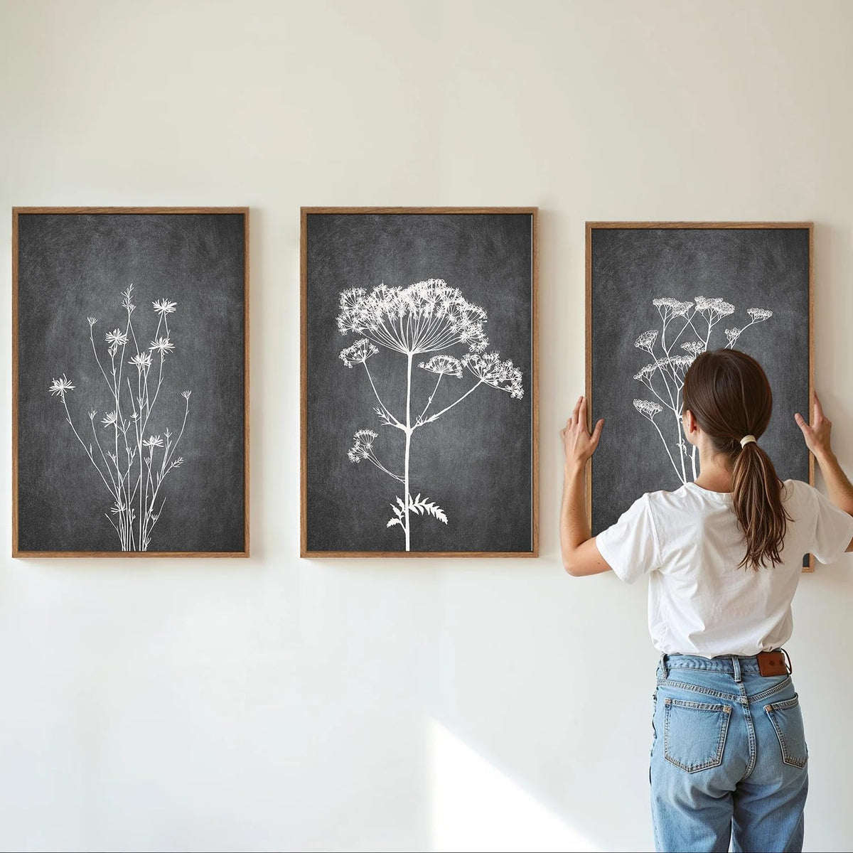 Black and White Floral Framed Canvas Wall Art Set (Abstract Wildflower / 24"L x 16"W)