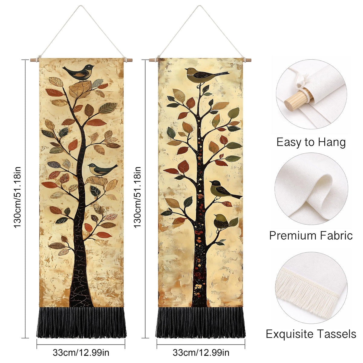 2 Pack Long Vertical Wall Tapestry (Vintage Bird Tree / 13"Wx51"H)
