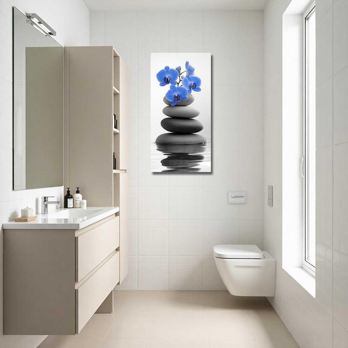 Black and White Bathroom Pictures Zen Wall Art Stone Orchid on Water Poster Prints Floral Relax Grey Canvas Paintings Office Decor Framed (Blue / 36L" x 18W")