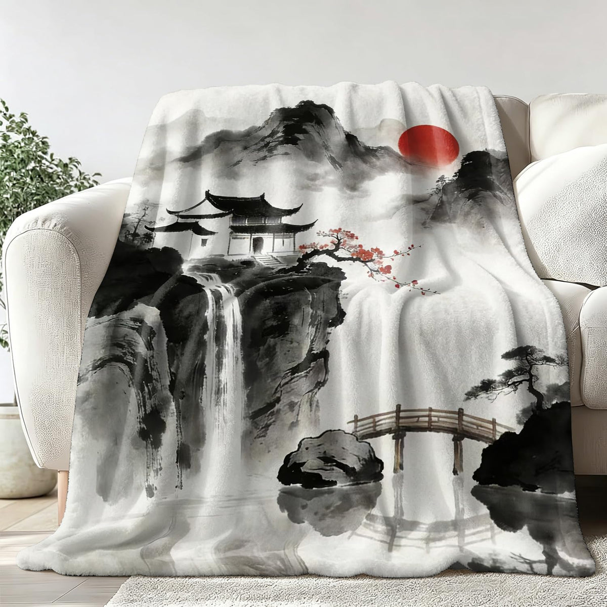 Japanese Nature Landscape Throw Blanket Zen Cozy Soft Plush Flannel 40"X50" (Japanese Nature / 40"X50")