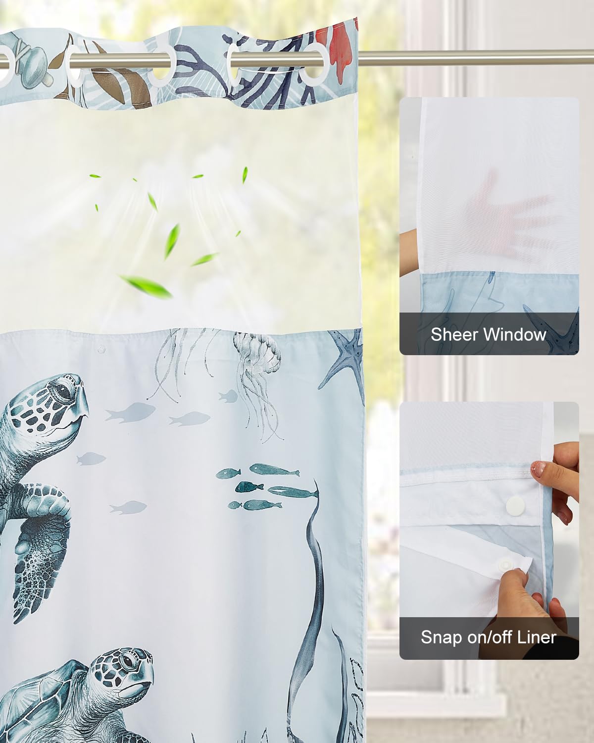 Ocean Sea Turtle Shower Curtain with Snap in Removable Liner (Turtle)