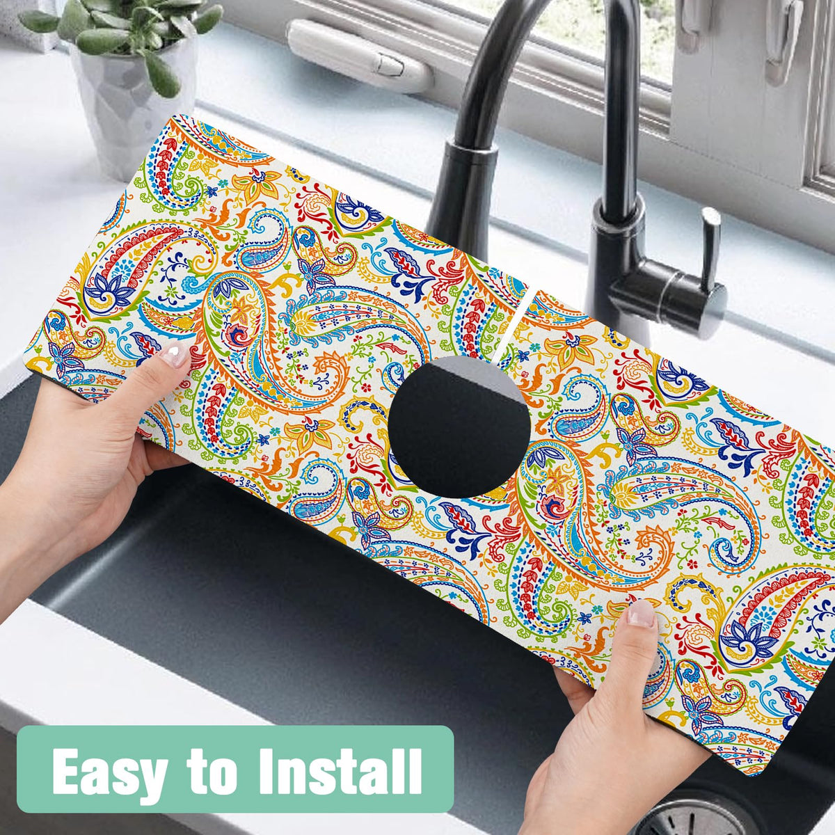 Kitchen Sink Splash Guard Faucet Mat 24" X 5.5" Paisley Absorbent Fast Drying Mat Faucet Draining Mat Sink Splash Guard Behind Faucet Drip Catcher for Kitchen Bathroom (24*5.5in / paisley01)