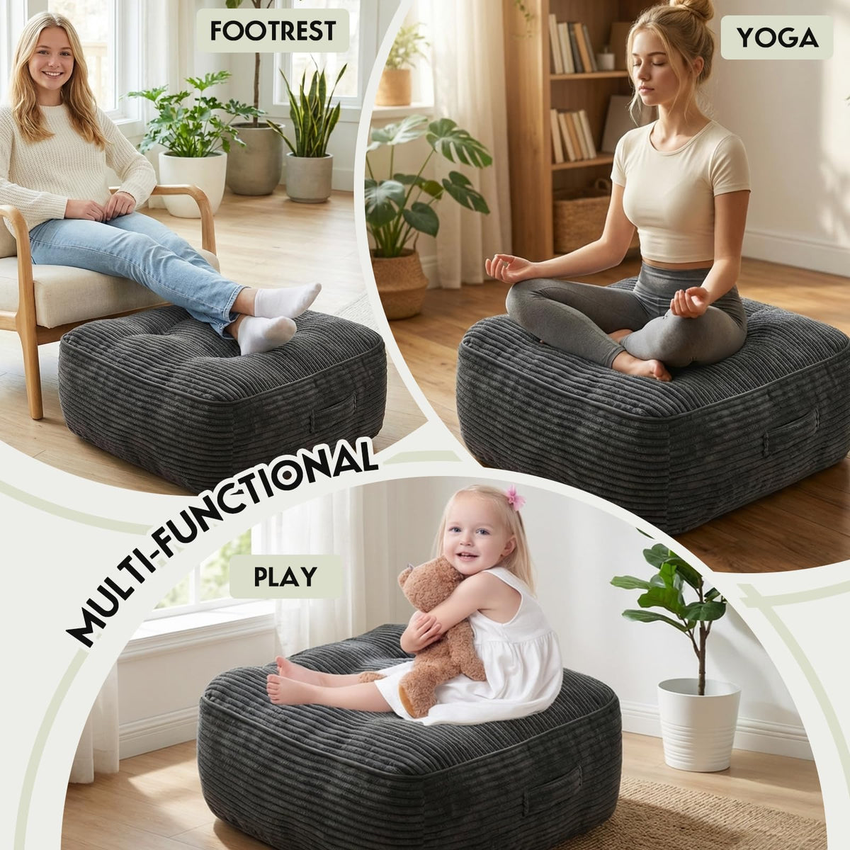 11" Thick Washable Floor Pillow for Adults (Dark Gray)