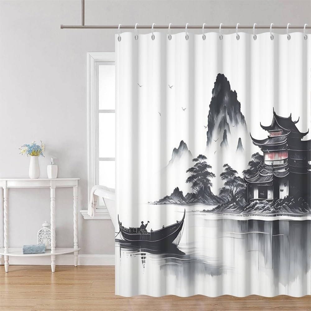 Traditional Japanese Painting Shower Curtain Ink Painting Asian Oriental Abstract Art Shower Curtain Foggy Mountain Boat Wild Goose Outdoor Natural Scenery Bathroom Curtains 60x72 Inch (60"W x 72"L (Pack of 1) / Black-71)