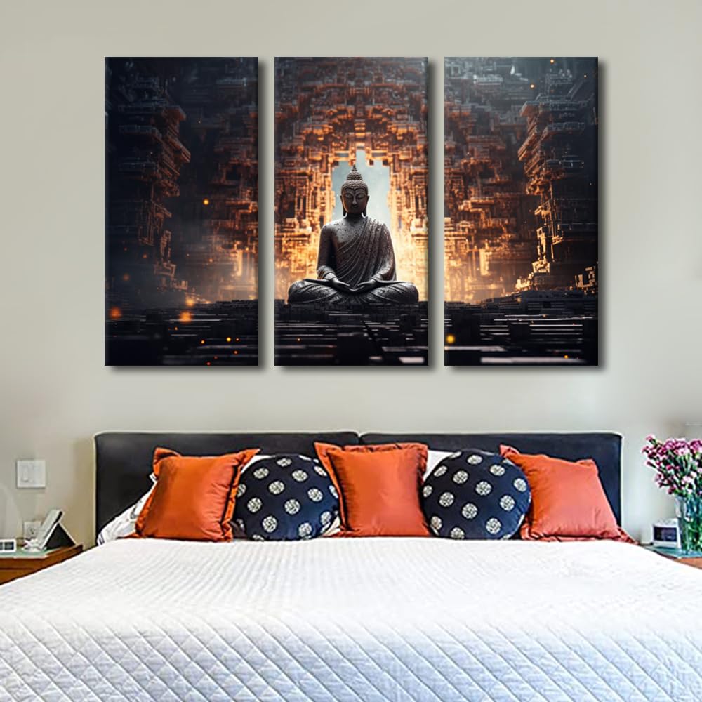 Canvas Wall Art Buddha Canvas Poster Decor Mysterious Ancient Buddha Zen Picture 3 Panel Modern Wall Art Buddhist Believers Living Room Decoration Stretched and Framed Ready to Hang 42x28 in (42x28 in / 3PANEL-10)