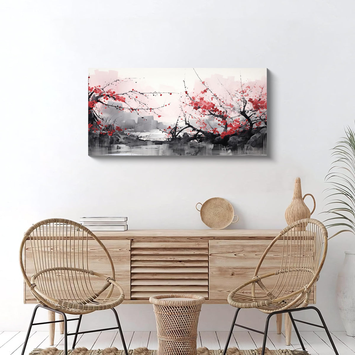3PCS Asian Ink Style Cherry Blossom Canvas Wall Art Red Plum Flower Landscape Minimalist Zen Nature Scene Oriental Watercolor Artwork for Bedroom Living Room Office or Meditation Space Decor (Red-One Piece-2 / 24x12 inches (1 piece))