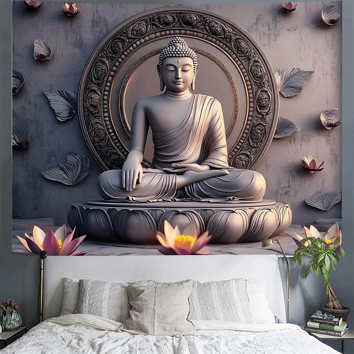 Vintage Sitting Buddha Tapestry Wall Hanging Buddhist Statue Tapestries Lotus Meditation Wall Decor Psychedelic Indian Zen Art for Bedroom Living Room Home Decor (Grey2 / 90"L x 71"W)