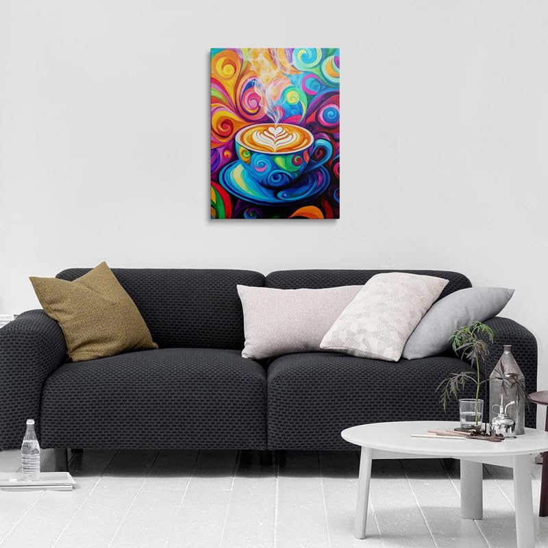 Abstract Coffee Cup Canvas Wall Art Framed Print Painting Colorful Swirling Heart Vibrant Modern Whimsical Cafe Pop Art Wall Decor Artwork Poster for Kitchen Coffee Bar Dining Room 12x16 Inches (coffee / 16"L x 12"W)