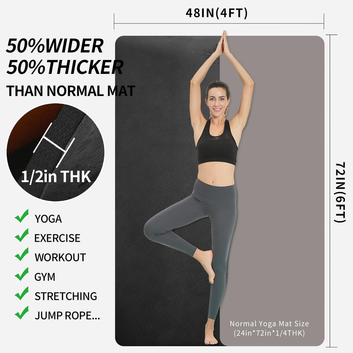 Large TPE Yoga Mat 6'x4'x1 (Black)