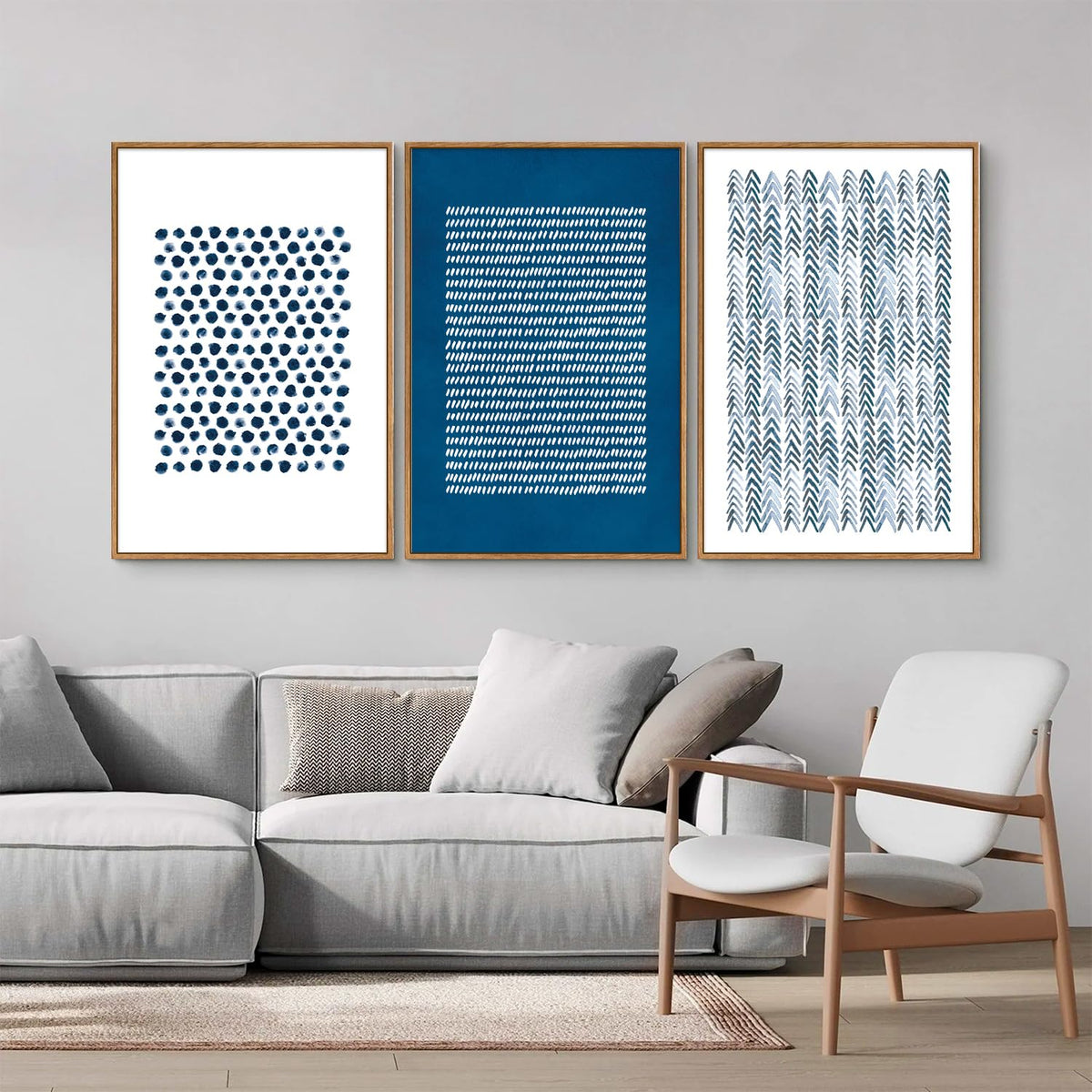 Navy Blue and White Framed Canvas Wall Art Set (Modern Geometric Dots Line / 36"L x 24"W)