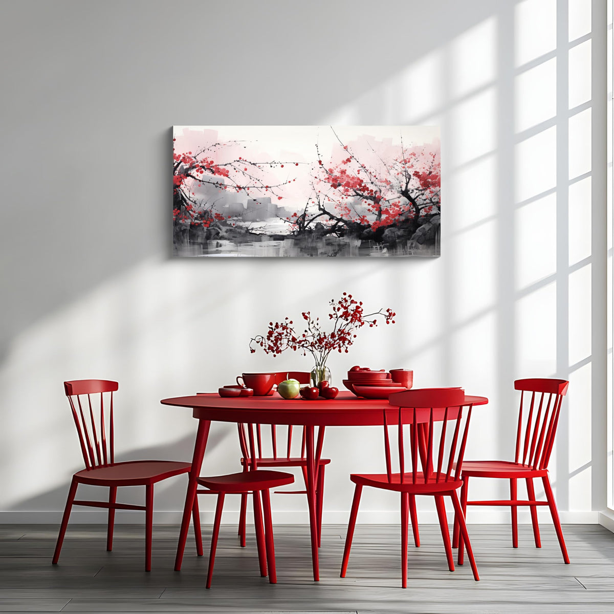 3PCS Asian Ink Style Cherry Blossom Canvas Wall Art Red Plum Flower Landscape Minimalist Zen Nature Scene Oriental Watercolor Artwork for Bedroom Living Room Office or Meditation Space Decor (Red-One Piece-2 / 16x8 inches (1 piece))
