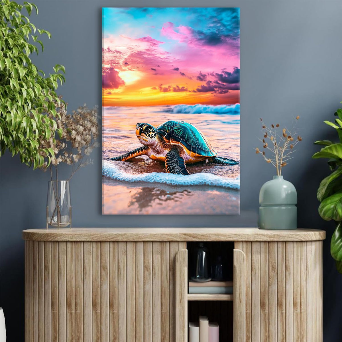 Sunset Beach Canvas Wall Art Nature Sea Turtle Wall Decor Tropical Coastal Landscape Pictures for Living Room Ocean Animal Paintings Seascape Photograph Prints Artwork Modern Office Decorations 16x24" (16"L x 24"W / Seaturtle)