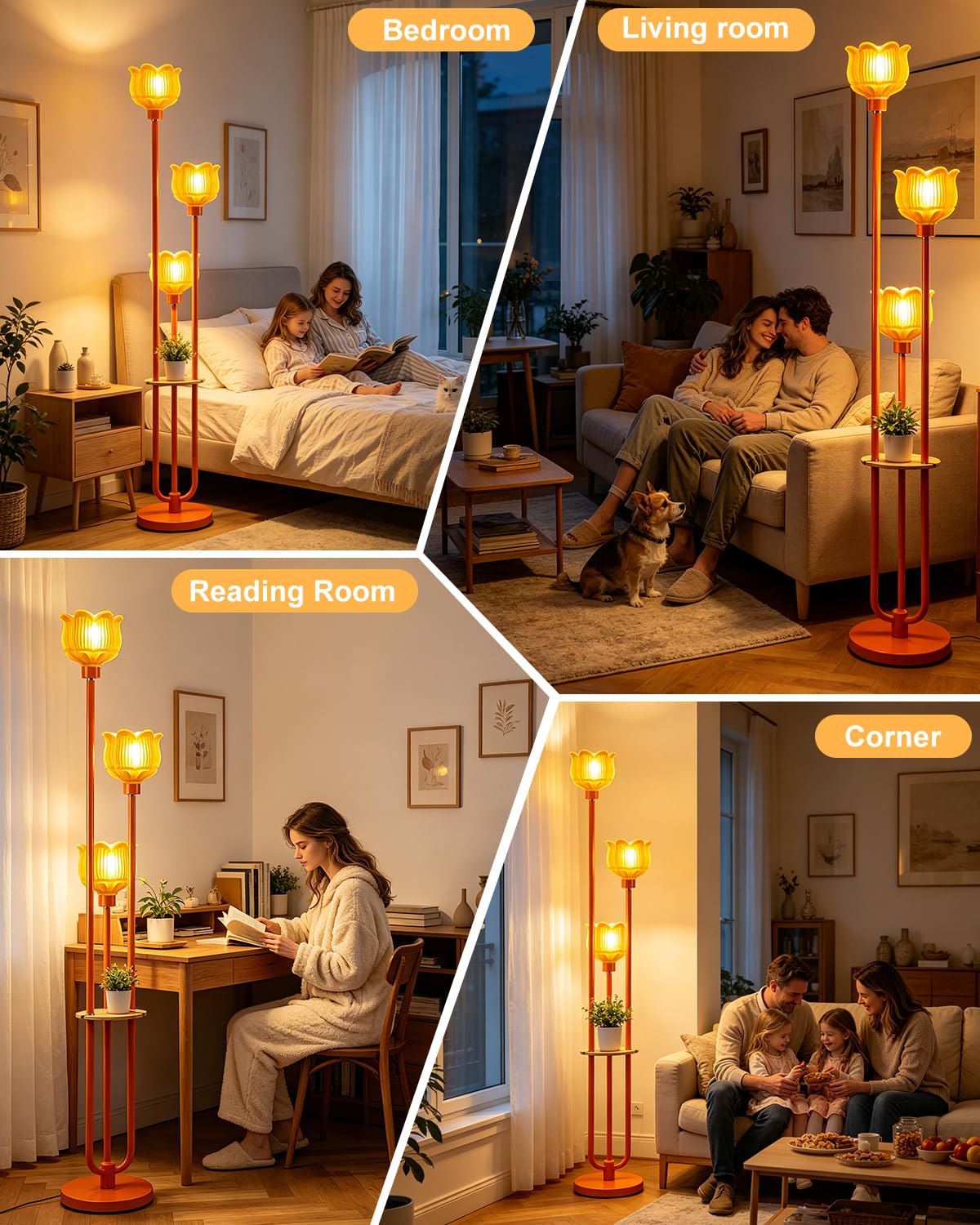 Orange Floor Lamp with Yellow Glass Shade (Orange-3UB1)