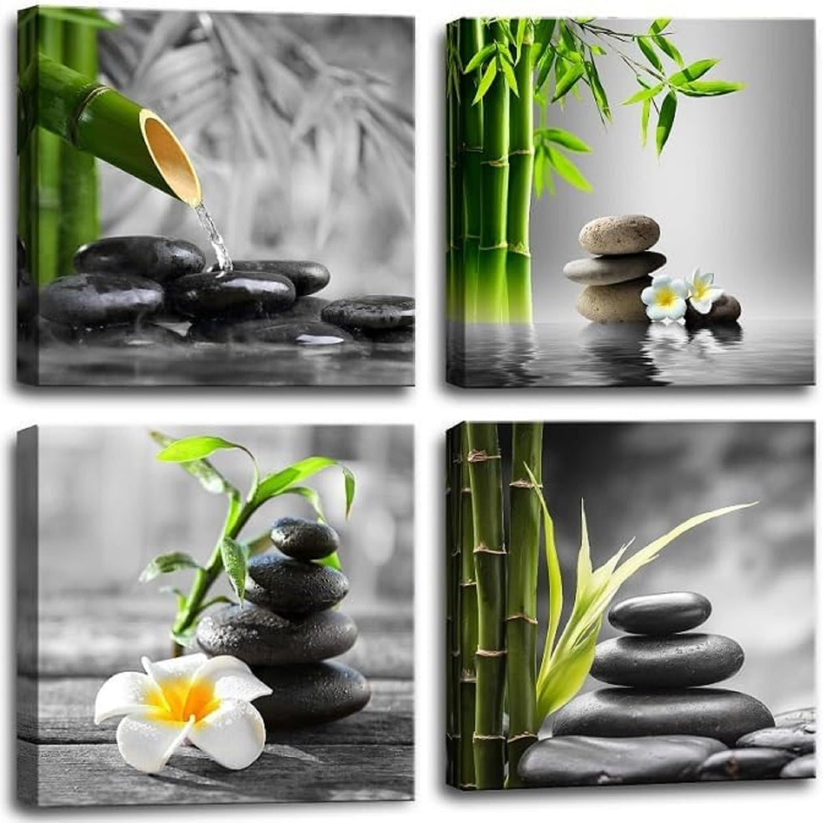 Zen Bathroom Decor Black and White Wall Art Grey Green Room Decor Stone Bamboo Pictures Canvas Meditation Posters Prints Artwork Bedroom Wall Decor Living Room Kitchen Decorations (AzenHB / 12"L x 12"W)