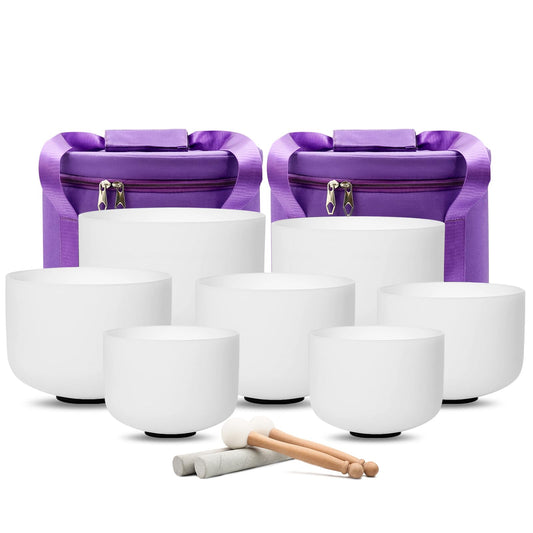 432hz 7pcs Crystal Singing Bowl Set Sound Bowls Set with Carrying Case for Yoga Sound Healing (7-12inch 440hz White 7pcs)