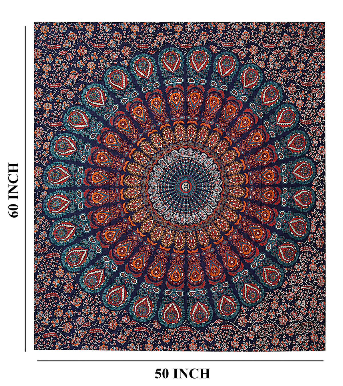 Handmade Cotton Peacock Mandala Tapestry (60"L x 50"W / Golden Blue)