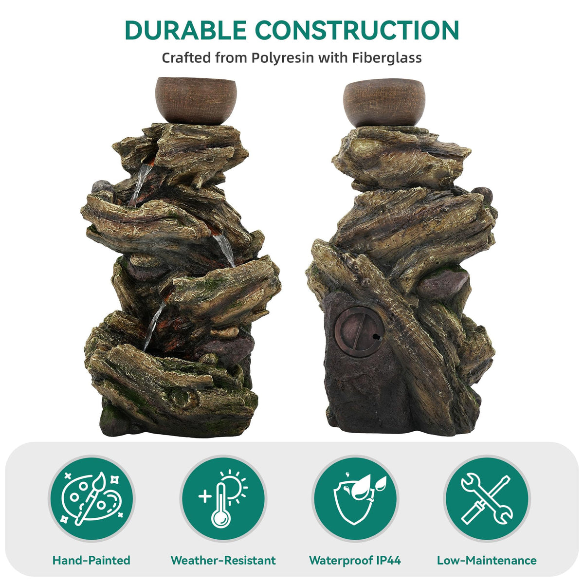33" Outdoor Fountain Tree Trunk Waterfall Pump & Light Separate Control (33"h Natural Distressed Tree Trunk)