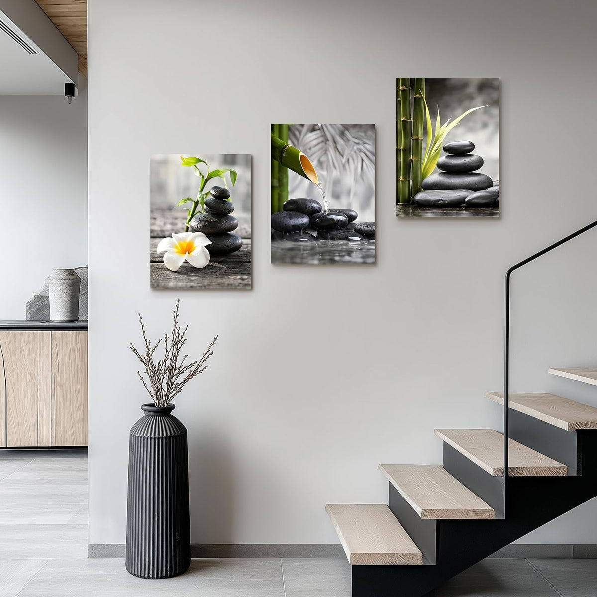 3 Piece Wall Art 16 x 20 Inches Framed Canvas Set Zen Spa Stone Bamboo Wall Decor for Living Room Bedroom Bathroom Office Hallway Modern Farmhouse Wall Art Pictures Ready to Hang with Velcro and Pre Installed Hooks (Bamboo 81)