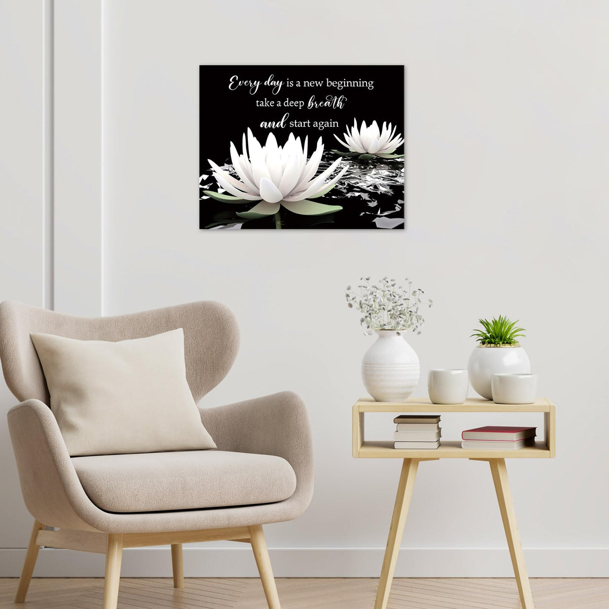 Black and White Floral Wall Art Inspirational Quotes with Water Lily Wall Art for Living Room Zen Spa Canvas Home Decor for Bedroom Bathroom Office Ready to Hang 8L x 10W Inch (Black / 8"L x 10"W)