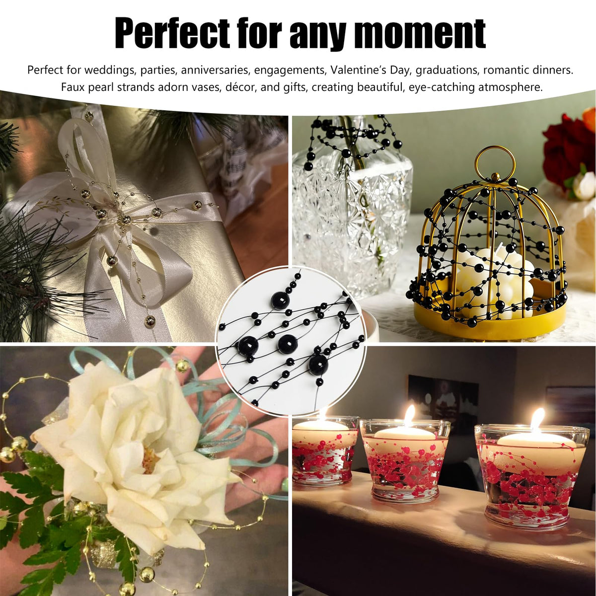 24 Items Black Artificial Pearls Beads String for Floating Candles (Black)