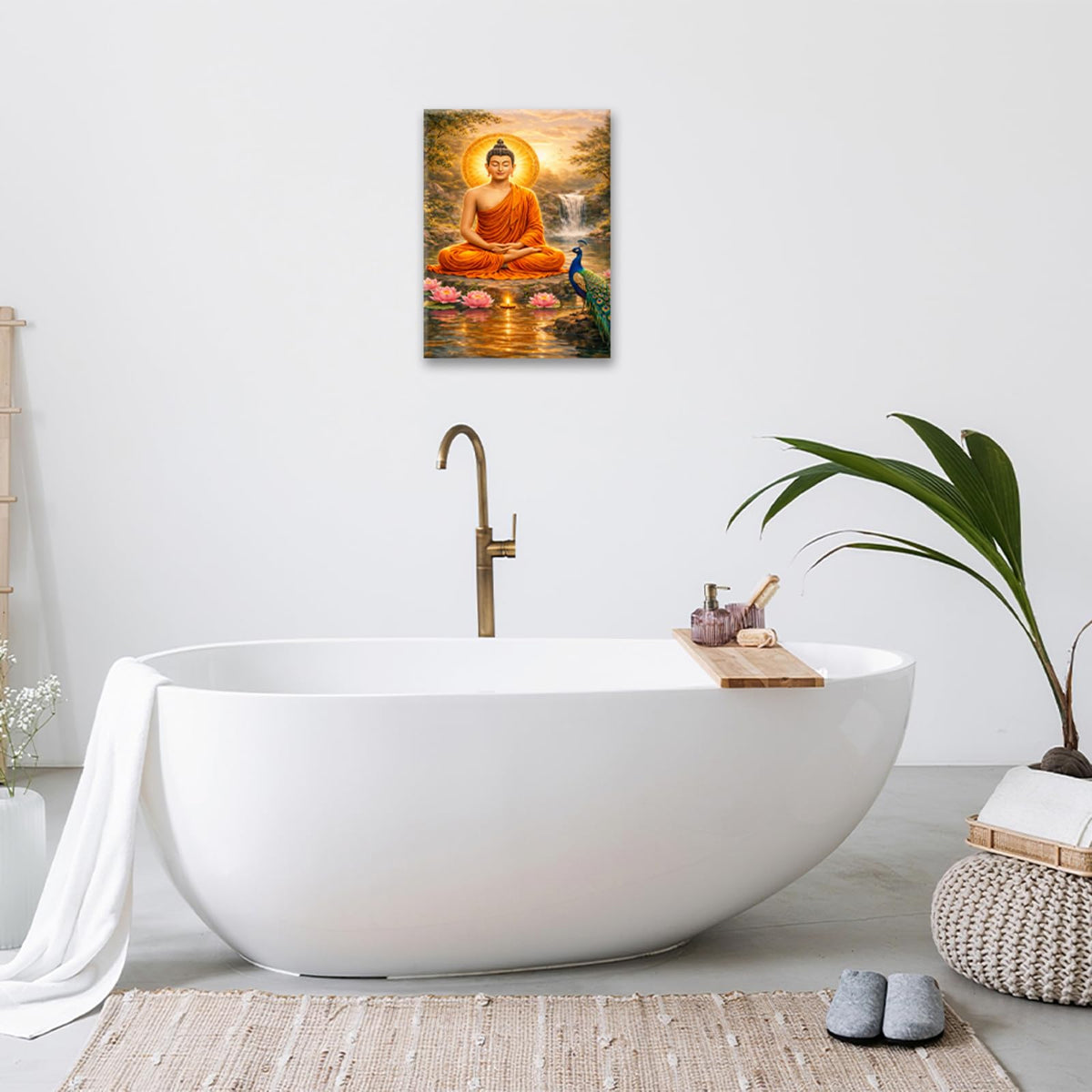 Buddha Wall Art Zen Buddhism Wall Decor Spiritual Meditation Canvas Painting Pictures Peacock Artwork for Bathroom Spa Yoga Bedroom 20"x24" (Buddha Peacock / 24"L x 20"W)