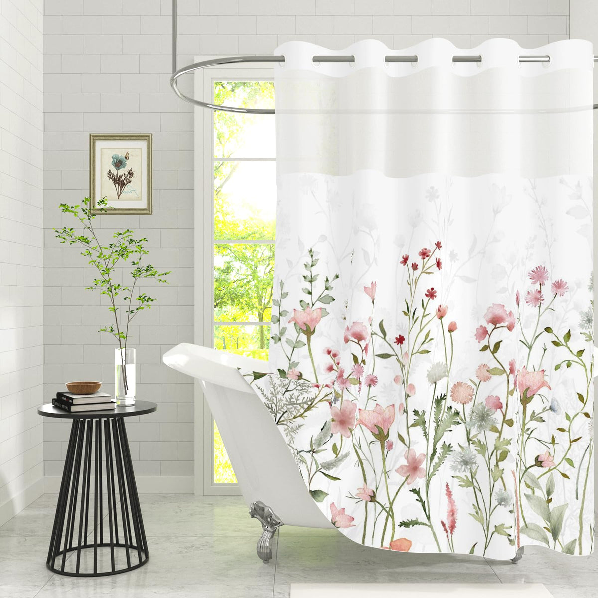 No Hook Shower Curtain with Snap in Liner (Pastel Floral)