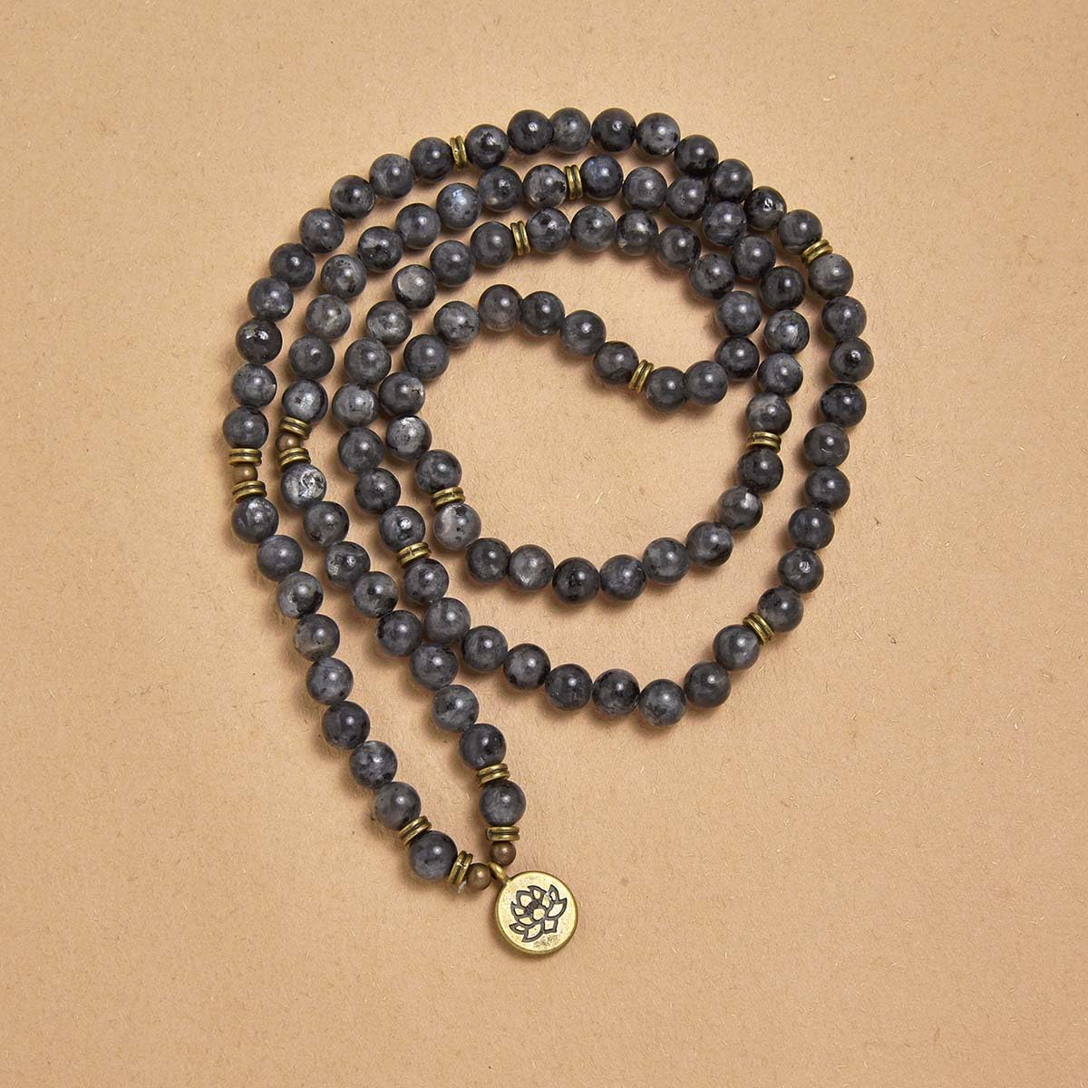 108 Natural Stone Mala Beads Yoga Bracelet with Lotus Charm (Labradorite)