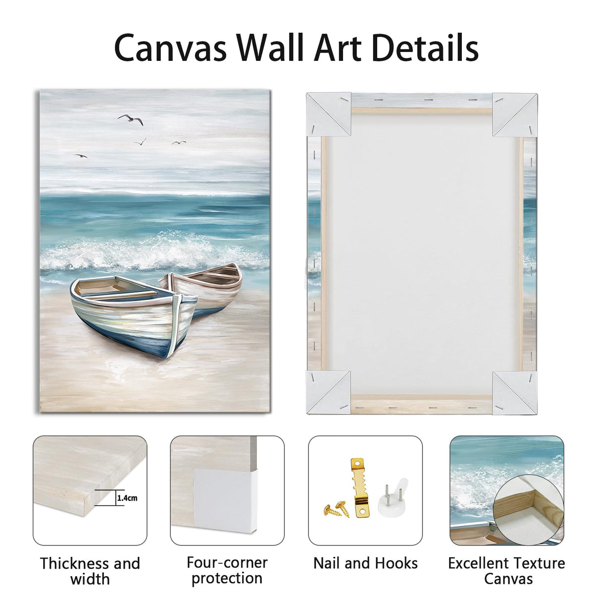 Beach Coastal Canvas Wall Art Beach Wall Art Painting 12"x16" (Nautical Boat on Beach / 16"L x 12"W)