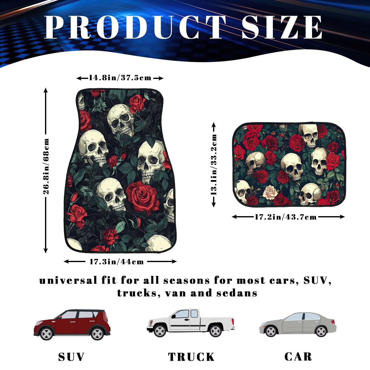 Skull Car Floor Mats Set of 4 Rose Vintage Gothic Art Red Black Green Automotive Car Floor Carpets Non (26.8"L x 17.3"W x 0.4"Th / Skull)
