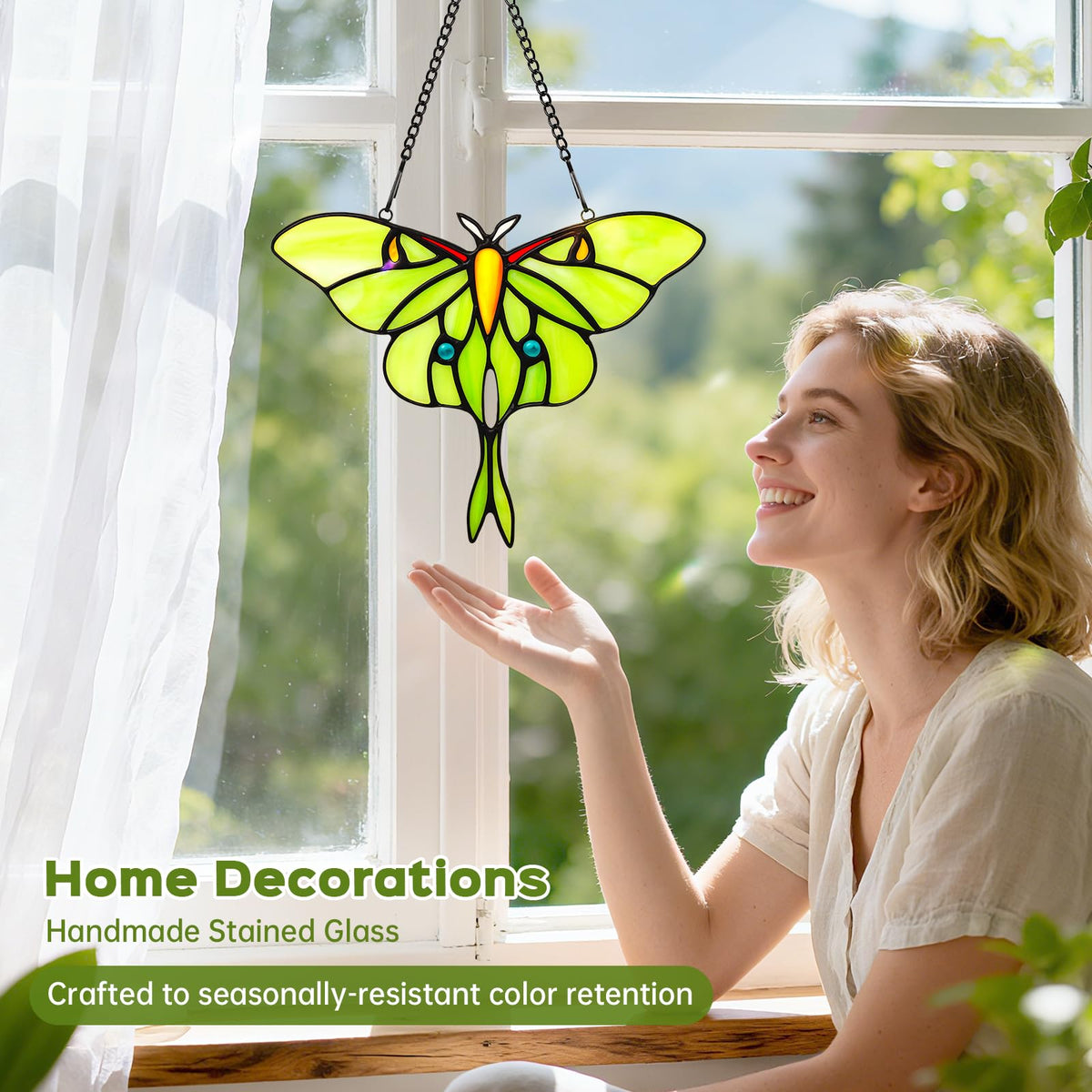 Stained Glass Window Hanging Luna Moth Suncatcher (Green-moth / Medium)