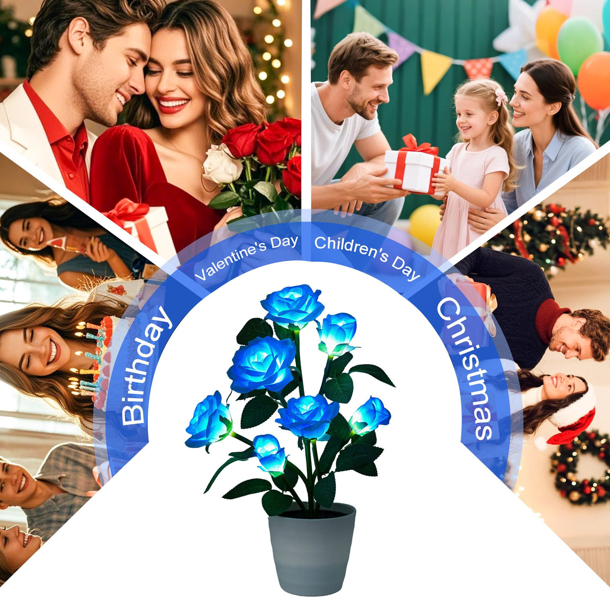 Blue Rose Flower Lamp Romantic Floral Table Decor Gifts for Women Mom (Rose-Blue)