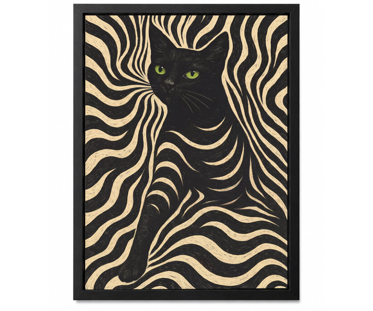 Framed Black Cat Wall Art Zebra Pattern Poster (Black And Cream / 16"L x 24"W)