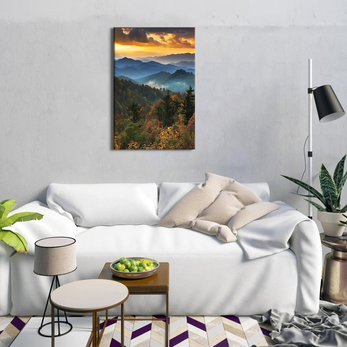 Great Smoky Mountains Wall Art National Park Picture Landscape Canvas Decor Sunset Forest Painting Vintage Mountain Landscape Artwork Framed for Living Room Bathroom Office Home Decoration 16x24” (16"L x 24"W / ZRSJ05)