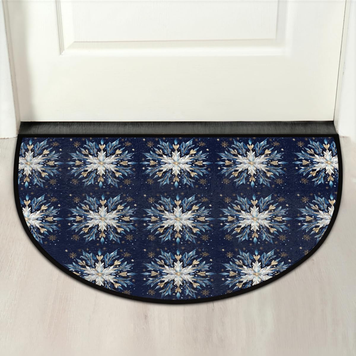 Christmas Blue Decoration Half Round Door Mat Non Slip Washable Semi Circle Area Rug Absorbent Soft Half Moon Rug Floor Mat for Indoor Outdoor Kitchen Bathroom Patio Front Door Mat Decor (X96)