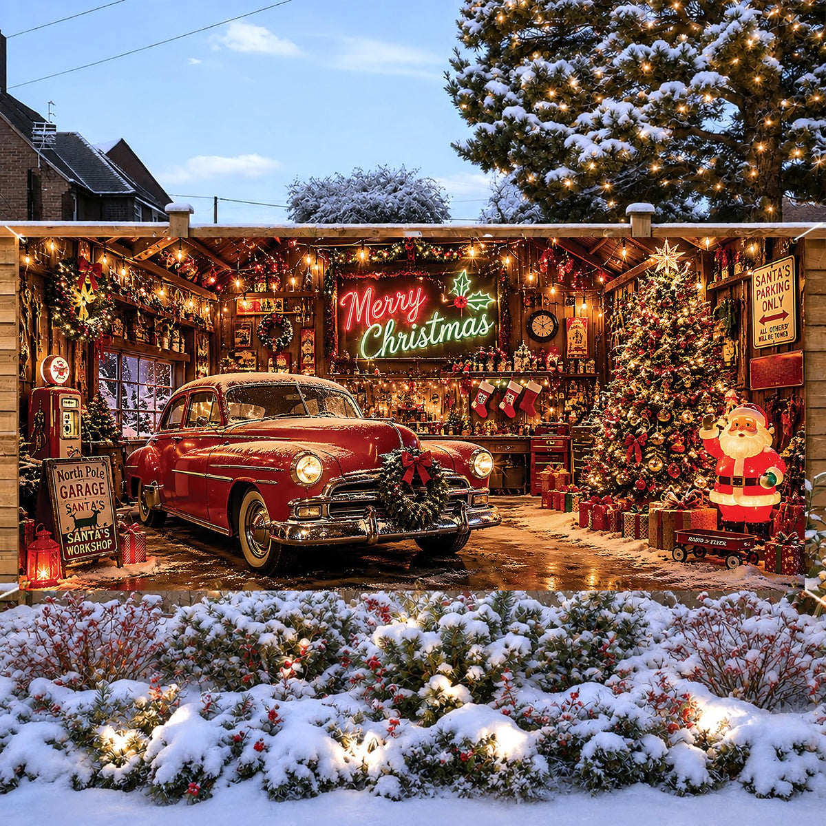Christmas Nostalgic Garage Door Cover Banner Vintage Car Xmas Backdrop (Christmas Car)