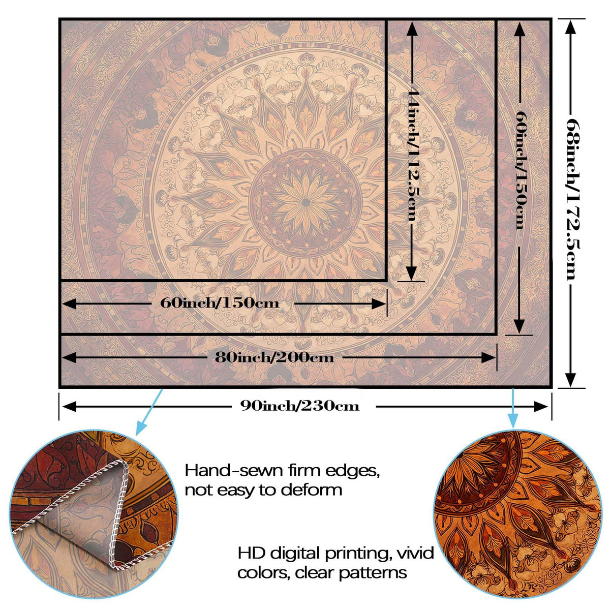 Warm Tone Floral Mandala Tapestry (90"L x 70"W / Black)