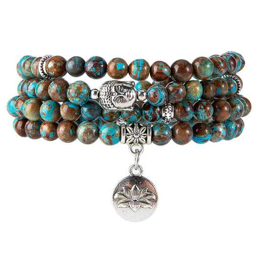 108 Mala Beads Necklace Beaded Wrap Bracelets Genuine Gemstone Mala Prayer Beads Lotus Charm Yoga Meditation Necklace (Blue Lace Agate-Lotus OM-Buddha)