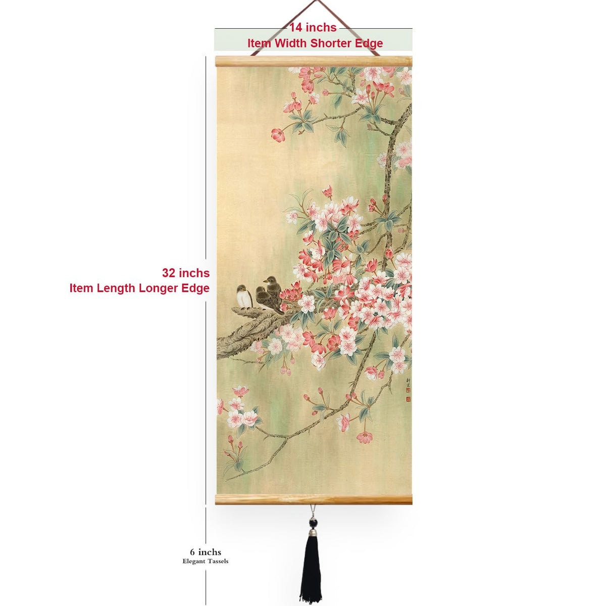 32x14in Asian Scroll Wall Art (Cherry blossoms bloom)
