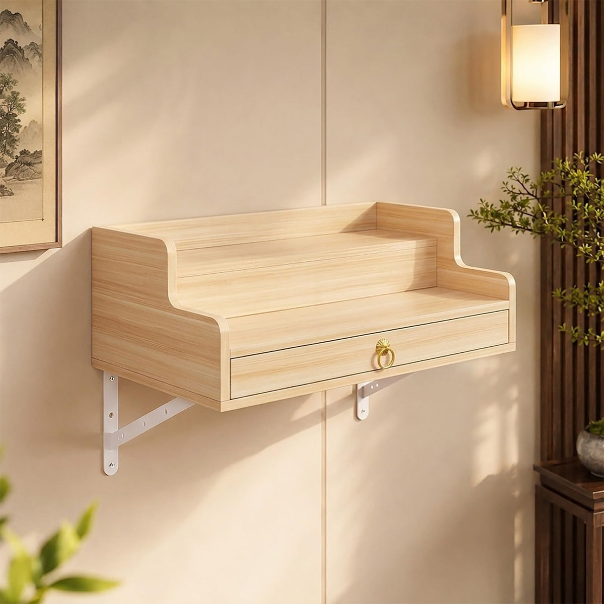2 Tier Wall Mounted Buddha Altar Shelf with Drawer (Wood / 30CM/11.8IN)