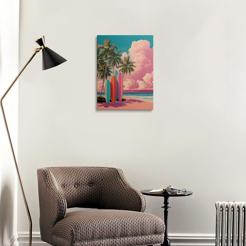 Coastal Surfboard Wall Art Canvas Framed Tropical Beach Painting Retro Pastel Pink Teal Coral Palm Trees Ocean Scene Wall Decor Artwork Poster 16x24 Inches (Pink Sand Beach / 24"L x 16"W)