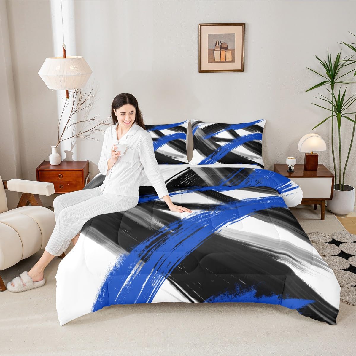 Black Blue Comforter Set Twin Size Abstract Geometric Bedding Set for Boys Girls Modern Minimalist Duvet Quilt Room Decor Breathable Soft Microfiber All Season 2Pcs with 1 Pillow Case (Multi 45688 / Twin)