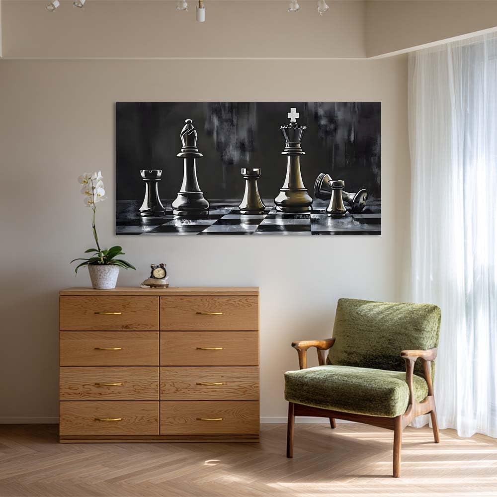Modern Black and White Chess Canvas Wall Art Strategic Board Game Painting Print Gallery Wrapped Dark Academia Artwork for Living Room Bathroom Bedroom Decor (Bohemian / Black King Queen 5 / 46"L x 23"W)