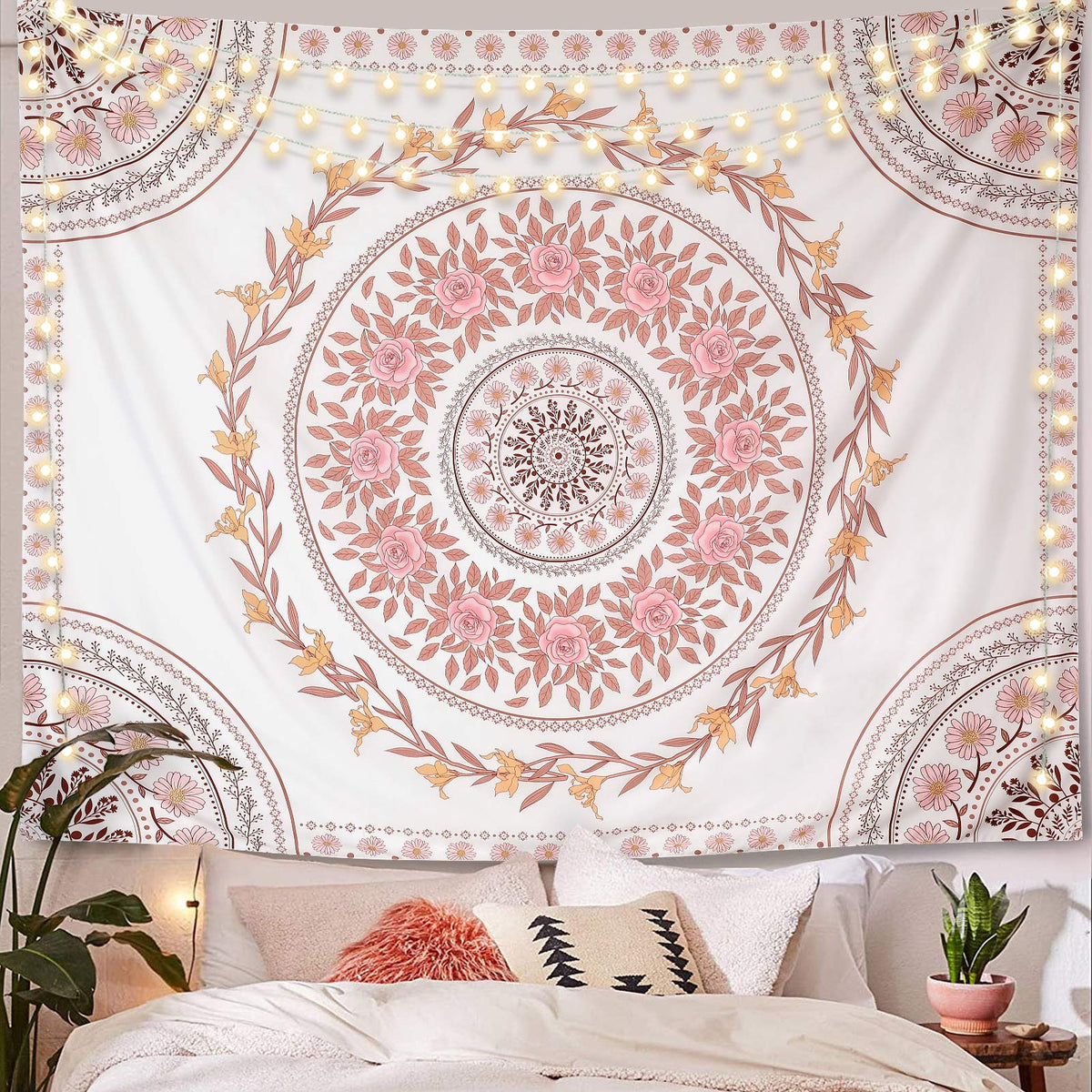 Wall Tapestry for Bedroom Aesthetic Pink Mandala Wall Hanging Large Boho Trippy Tapestries Bohemian Art Tapistry Hippie Floral Tapastry Decor For Bedroom Ceiling Living Room Dorm (92"L x 71"W / Boho Tapestry-White)
