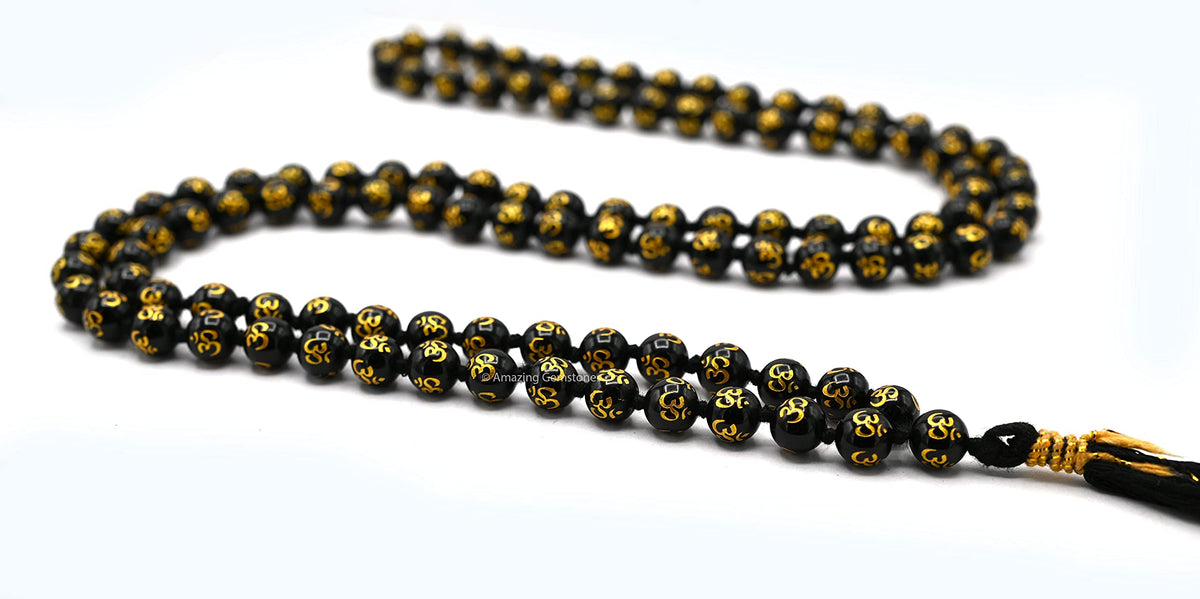 Black Agate Om Mala Beads (Om (Black Agate) / Knotted)