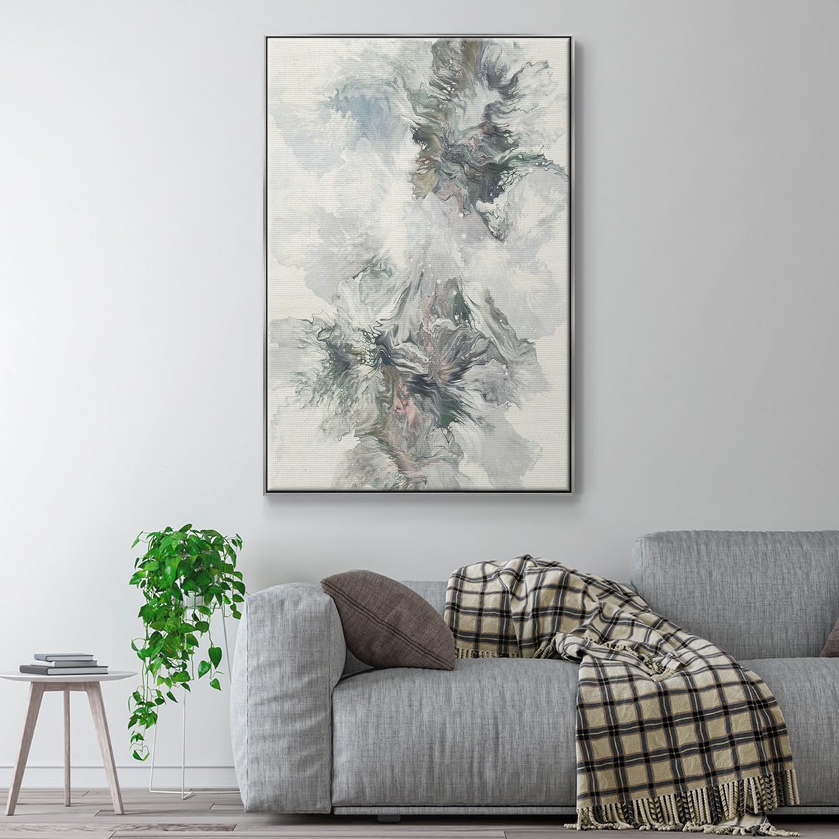 Canvas Art Paintings for Living Room White Flowing Fluid Movement Abstract Silver Floater Frame Prints for Kitchen Hotel Bedroom Walls (25"L x 17"W / Dancing With Passion)
