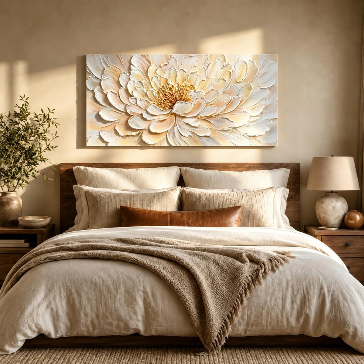 White Lotus Flower Canvas Wall Art Textured Lotus Floral Picture Women Bedroom Decor Modern Wall Decor for Living Room Minimalist Bouquet Painting Artwork for Home Office Decorations 24x48” (48"L x 24"W / White Lotus)